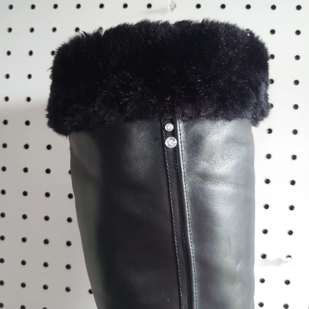 Westies Chunky Heel Block Leather, Fur And Rivet Rhinestone Winter Boots Black - Picture 13 of 14